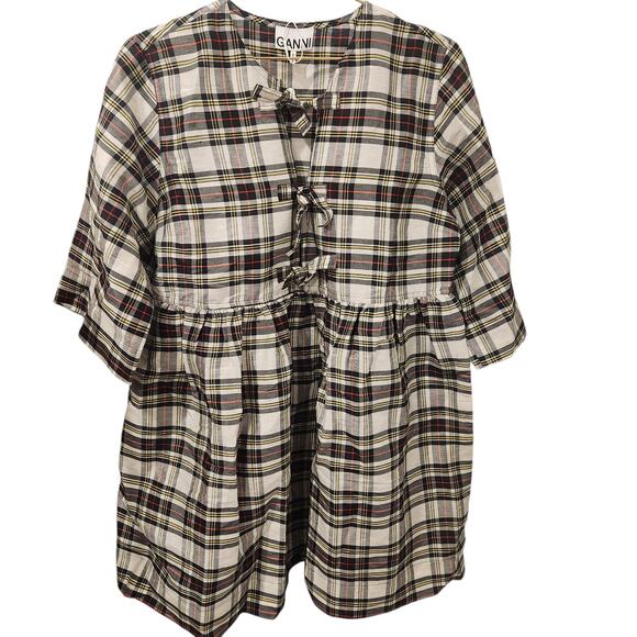Ganni linen tartan print babydoll dress size 10 - Picture 2 of 5